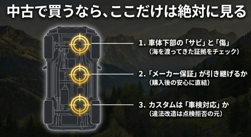 車体下部のサビ、メーカー保証の継承、車検対応カスタムの3つの重要チェック項目