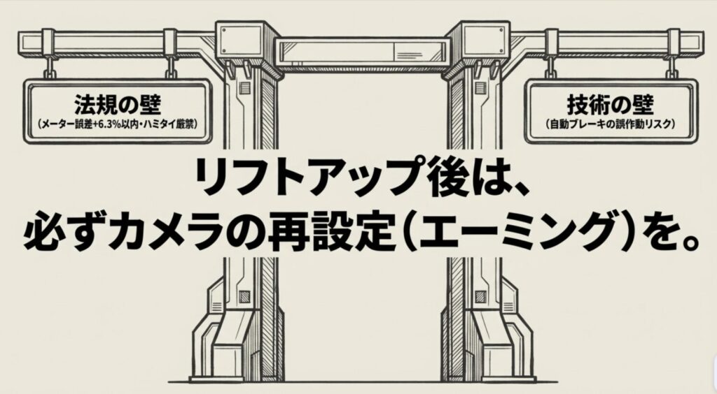 スピードメーター誤差+6.3%以内の規定と、自動ブレーキ誤作動防止のためのカメラ再設定（エーミング）の重要性。