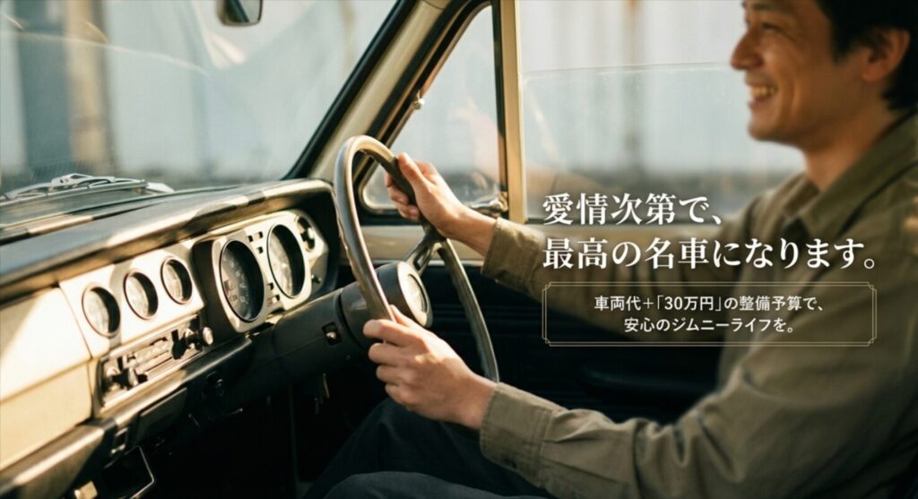 愛情次第で名車になること、車両代に加えて30万円の整備予算を持つことで安心できることを伝える結びのスライド 。