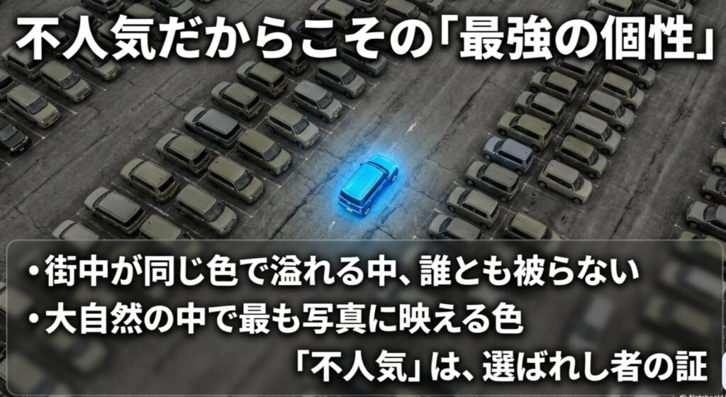 街中で被らない希少性と、大自然の中で最も写真に映えるという青色のメリットを強調するスライド