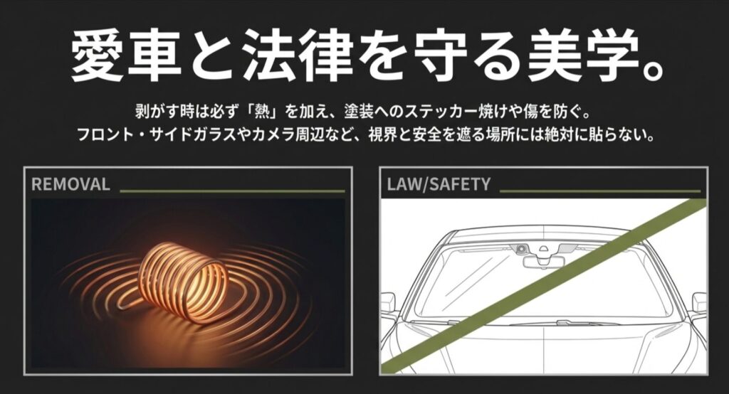 熱を加えて剥がす工程と、フロントガラスやカメラ周辺など視界を遮る場所への貼付禁止を警告する安全管理図。