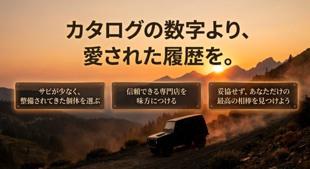 カタログ値よりもサビの少なさや整備履歴を重視し、信頼できる専門店を味方につける大切さ。