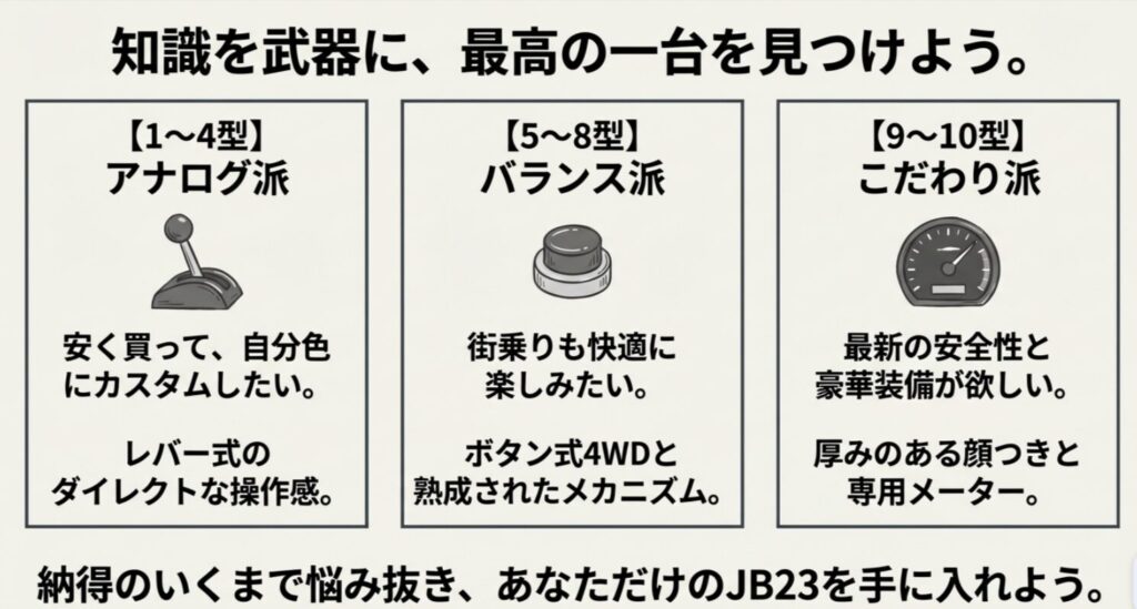 アナログ派の1〜4型、バランス派の5〜8型、こだわり派の9〜10型といったJB23の型式別おすすめの選び方まとめ 