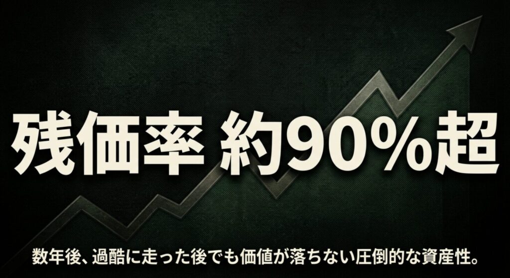 ジムニーのアイボリーが数年後の走行後でも高い価値を維持する圧倒的な資産性を説明するスライド