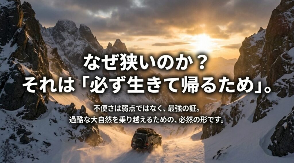 狭さは「必ず生きて帰るため」の最強の証であり、過酷な自然を乗り越える必然の形であることを説くスライド