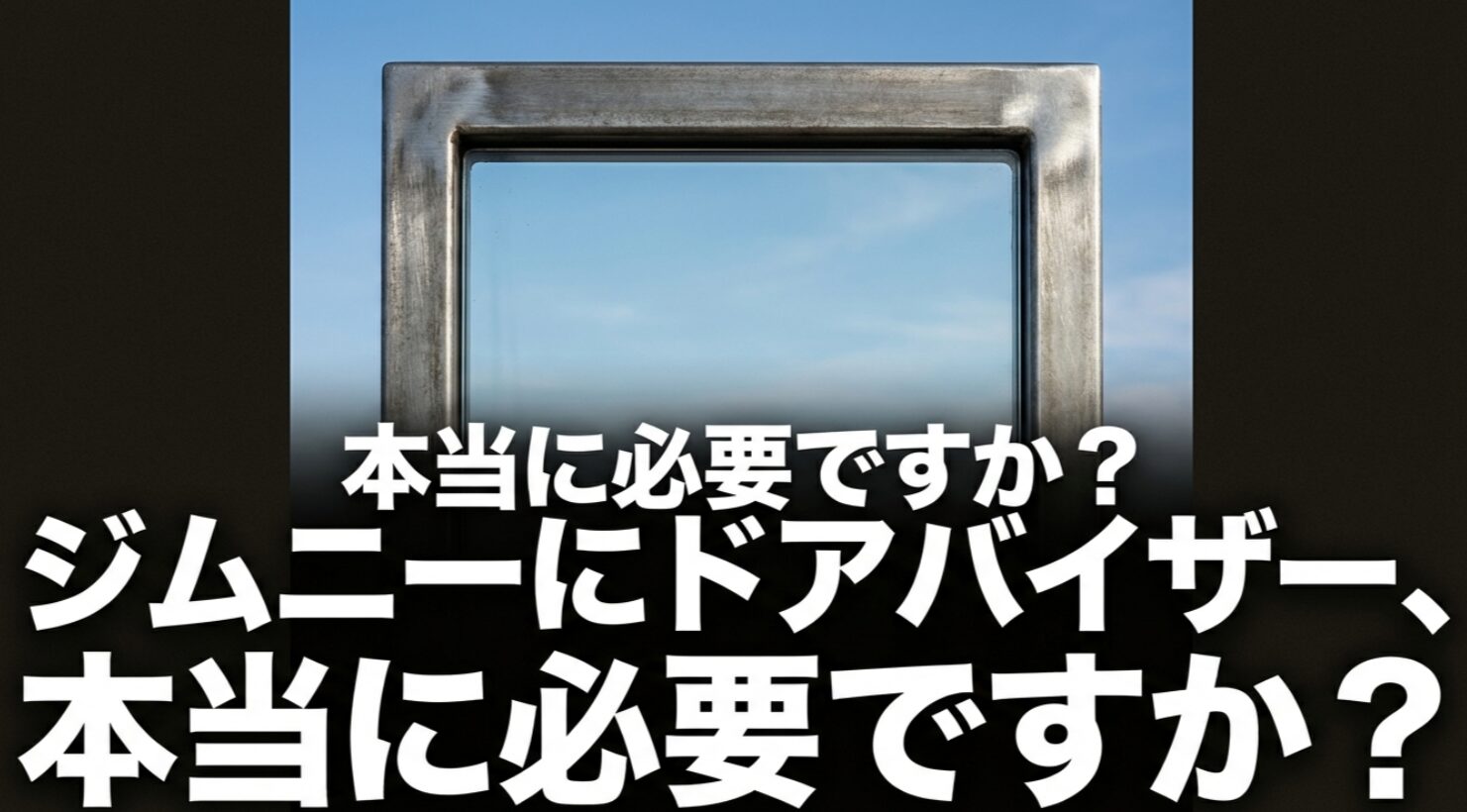 金属フレームの窓越しに青空が広がる写真に「本当に必要ですか？ジムニーにドアバイザー、本当に必要ですか？」というテキストが重なったタイトルスライド