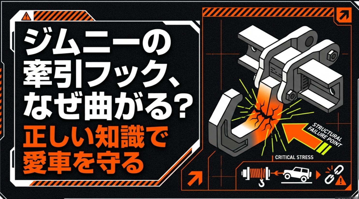 ジムニーの牽引フックがなぜ曲がるのかと、正しい知識で愛車を守ることを示した導入スライド