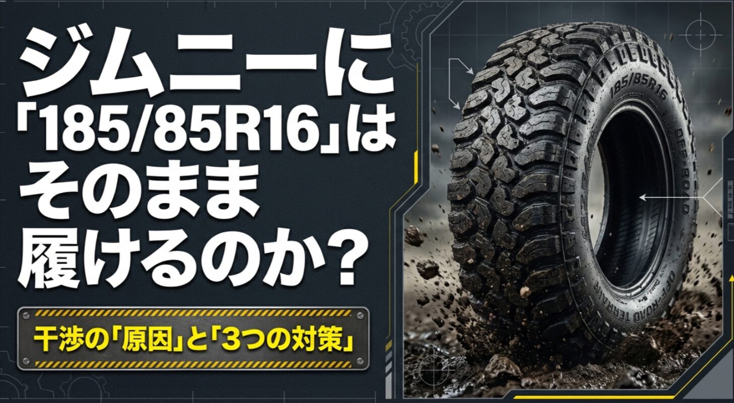ジムニーに185/85R16を装着した際の干渉原因と3つの対策を示した表紙スライド
