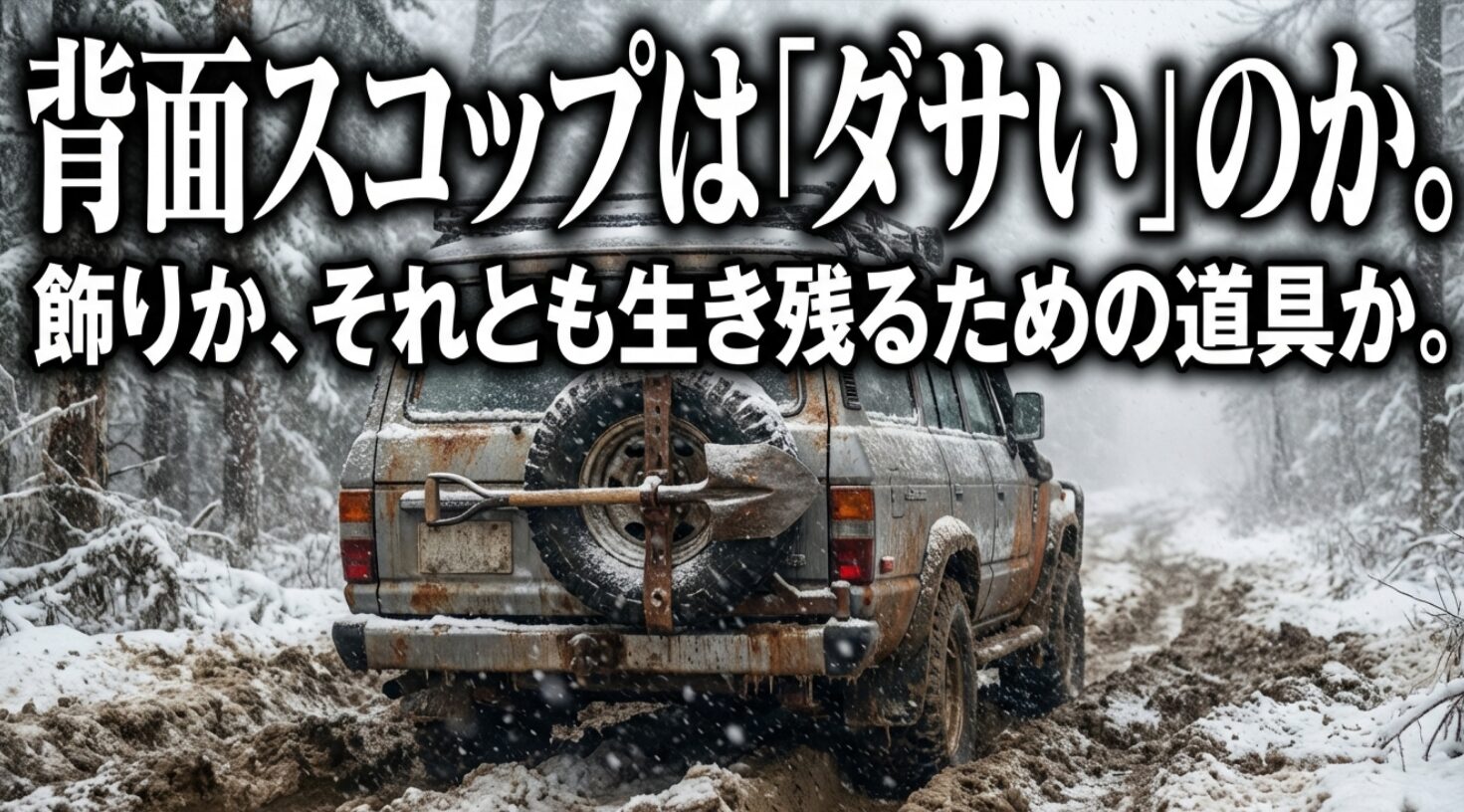 雪道の悪路を走る四駆の背面タイヤにスコップを装着した写真と、背面スコップはダサいのか、飾りか道具かを問う導入メッセージ