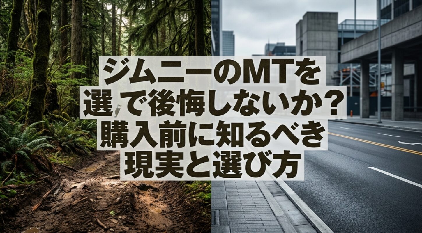ジムニーのMTを選んで後悔しないか？オフロードと都市の道路を背景に購入前に知るべき現実と選び方を示したタイトル画像