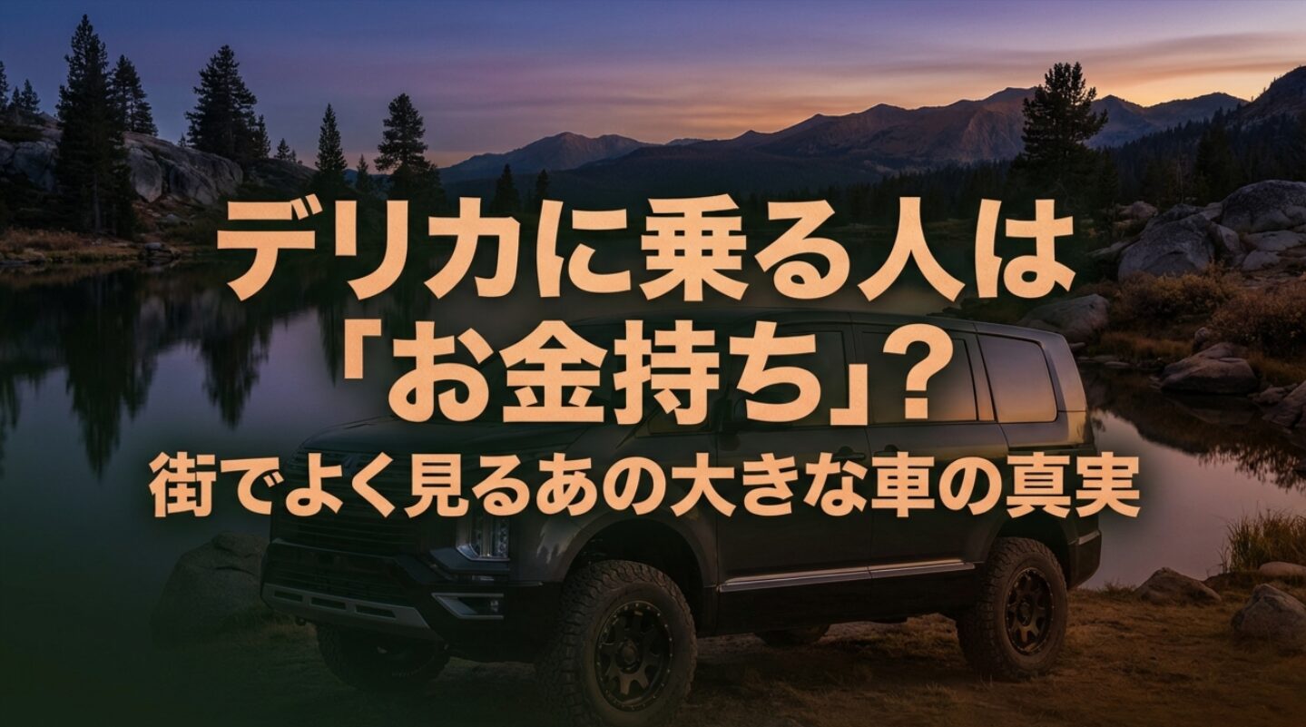 デリカに乗る人はお金持ちなのかというテーマを示す表紙スライド。湖畔の風景と大きな車が描かれている