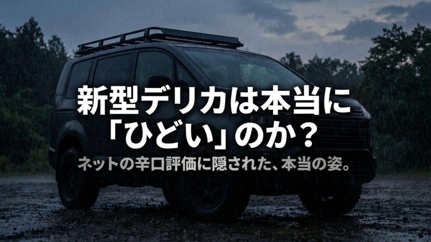 雨の悪路に立つデリカのイメージと、新型デリカが本当にひどいのかを問いかける表紙スライド