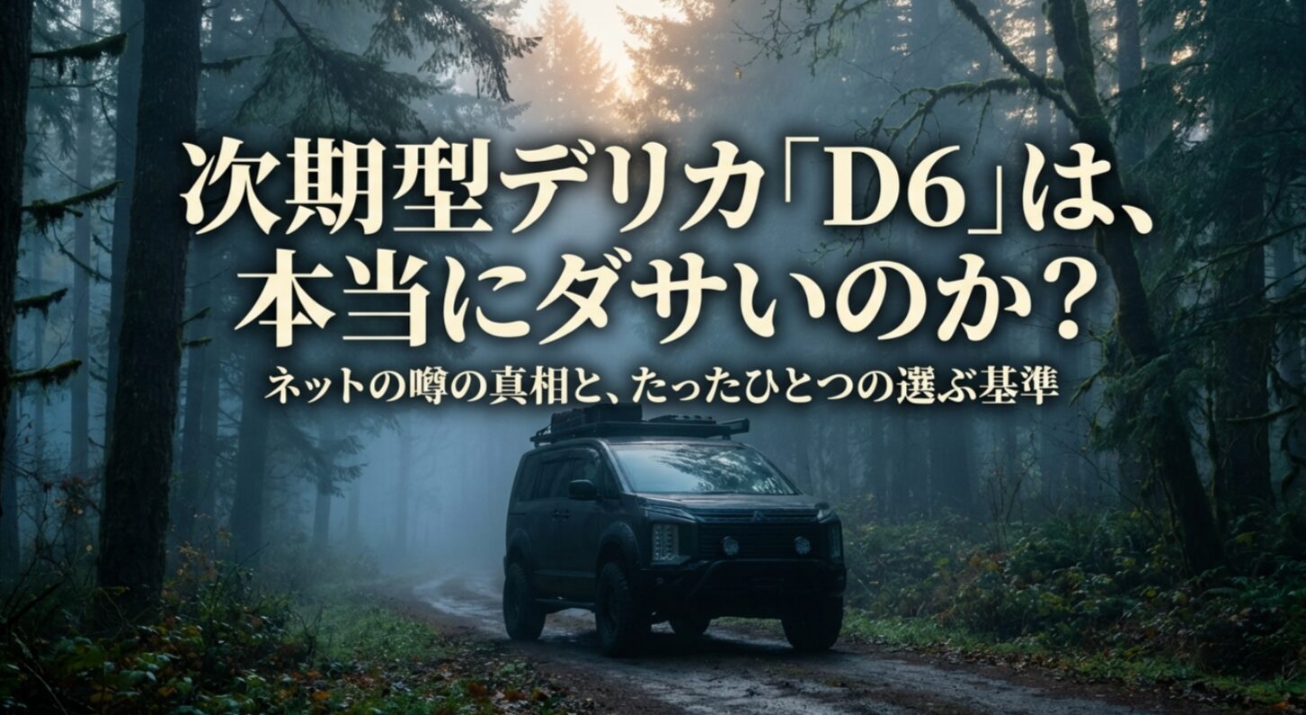 霧の森の中に停まるデリカ風ミニバンと、次期型デリカD6は本当にダサいのかという表紙メッセージのスライド
