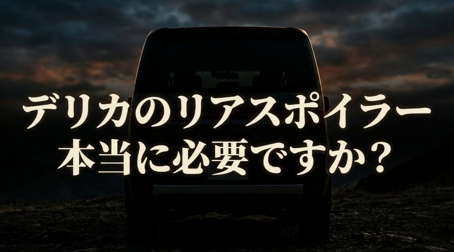 デリカD:5の後ろ姿を背景に、リアスポイラーが本当に必要かを問いかける導入スライド