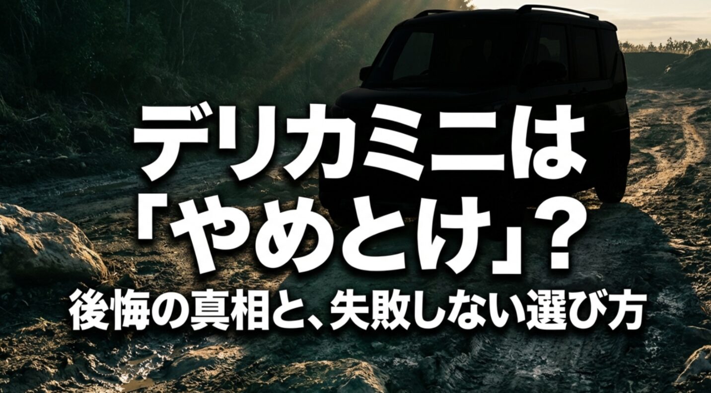 オフロード風の背景に、デリカミニはやめとけ？後悔の真相と失敗しない選び方と書かれた表紙スライド