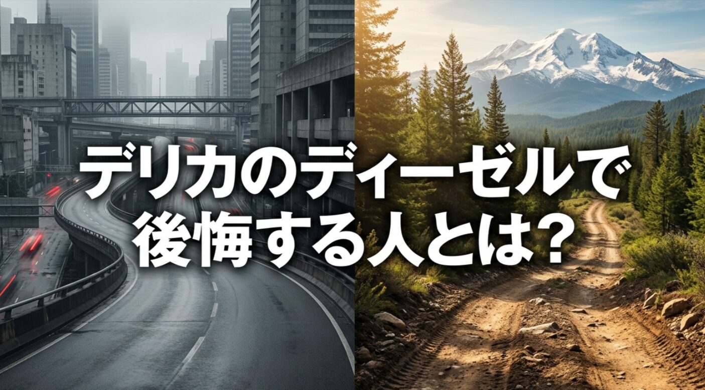 都市道路と山道を対比しながら、デリカのディーゼルで後悔する人とは何かを示した導入スライド