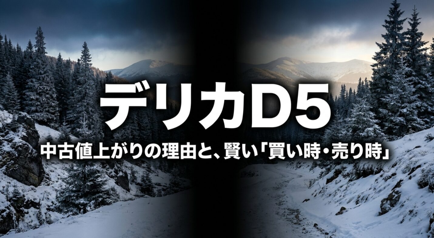 雪山の道を背景に、デリカD5の中古値上がりの理由と買い時・売り時を示した表紙スライド