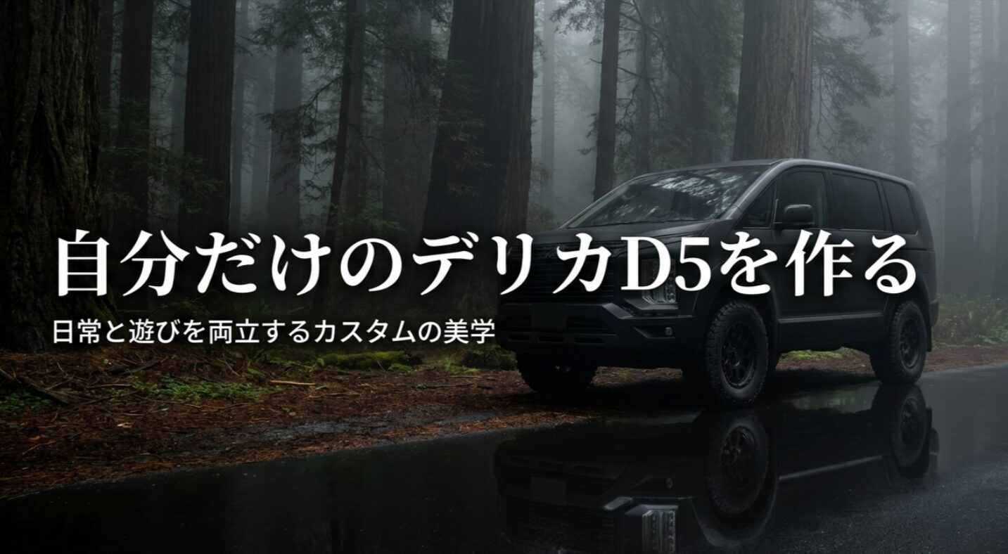 森の道路にたたずむデリカD5と、自分だけの一台を作るというテーマを示した導入スライド