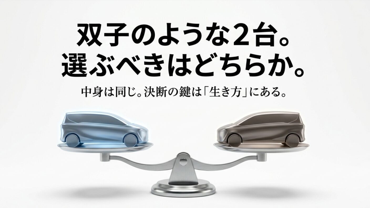 デリカD2とソリオを天秤で比較し、中身は同じで選ぶ基準は生き方にあると伝える導入スライド
