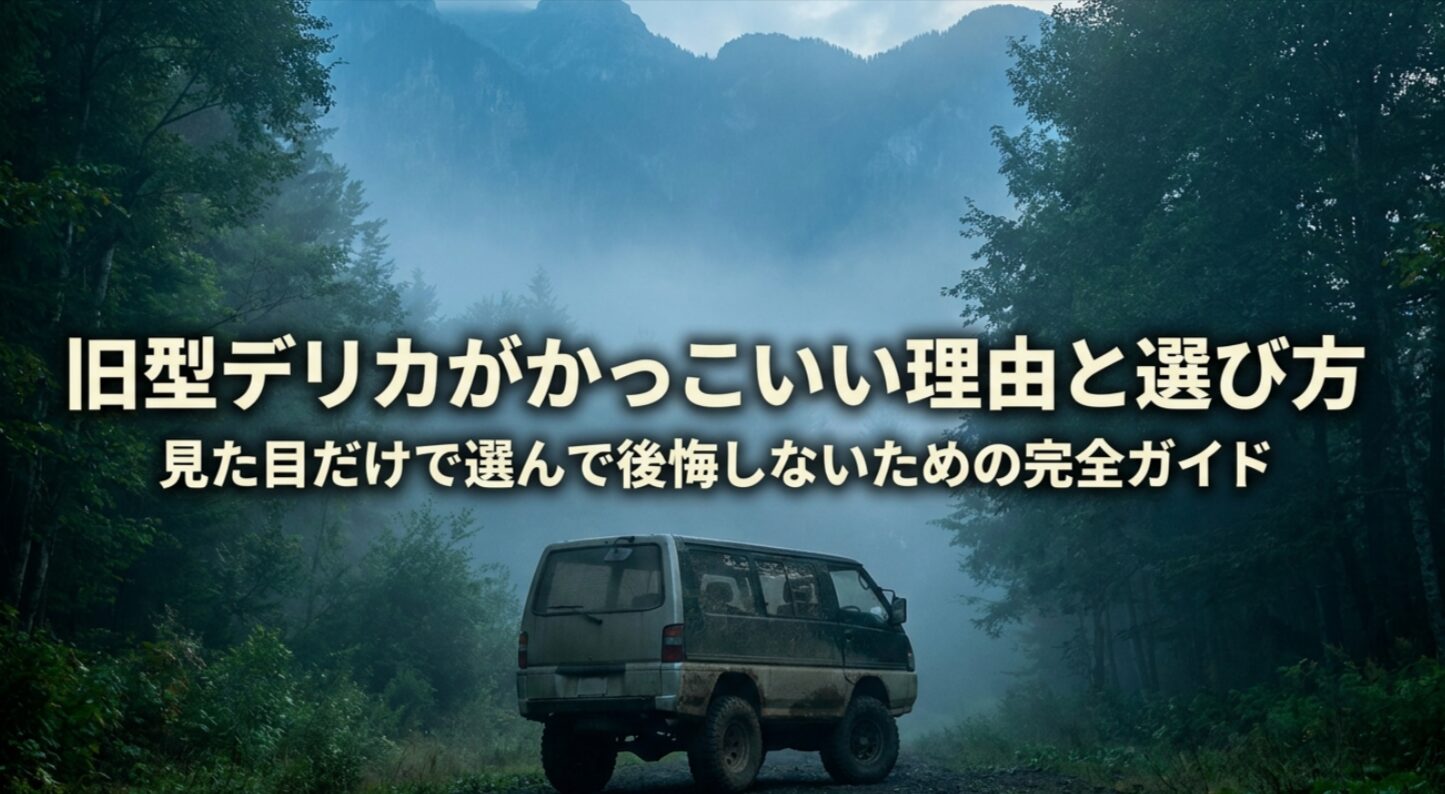 霧の森の中にたたずむ旧型デリカ風4WD車と、旧型デリカがかっこいい理由と選び方という表紙タイトルを表示したスライド