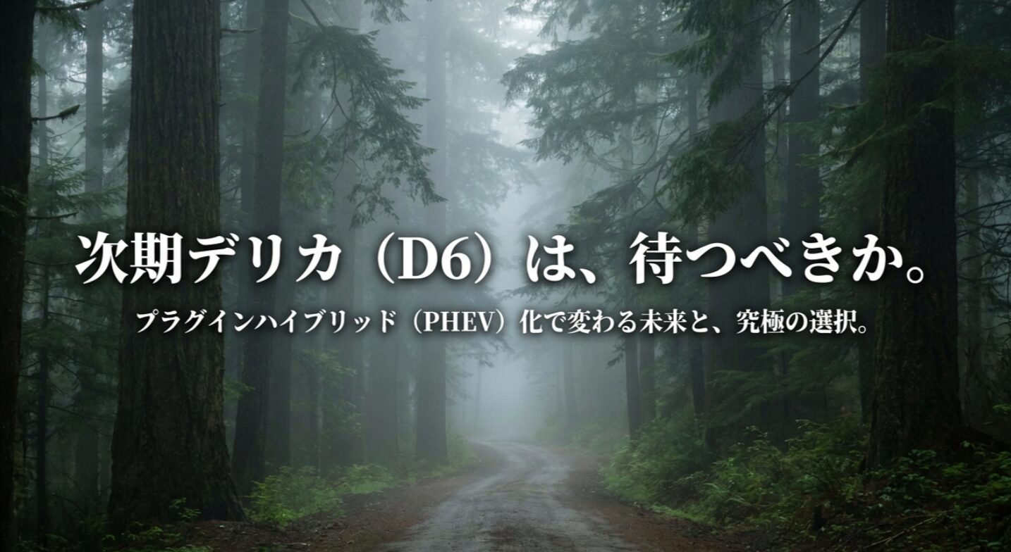 霧の森の道を背景に、次期デリカD6は待つべきか、PHEV化で変わる未来と選択を示した表紙スライド