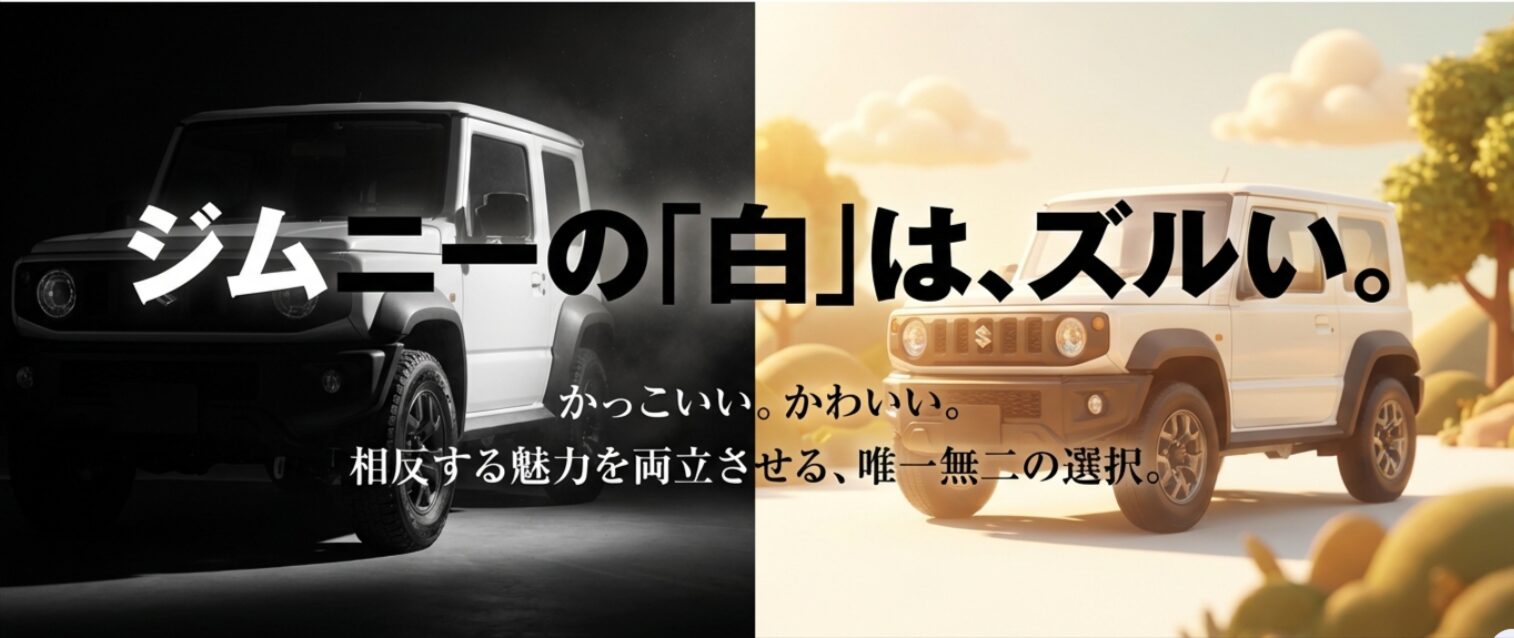 白いジムニーが、武骨でかっこいい表情とやわらかくかわいい表情の両方を見せることを表現した導入スライド