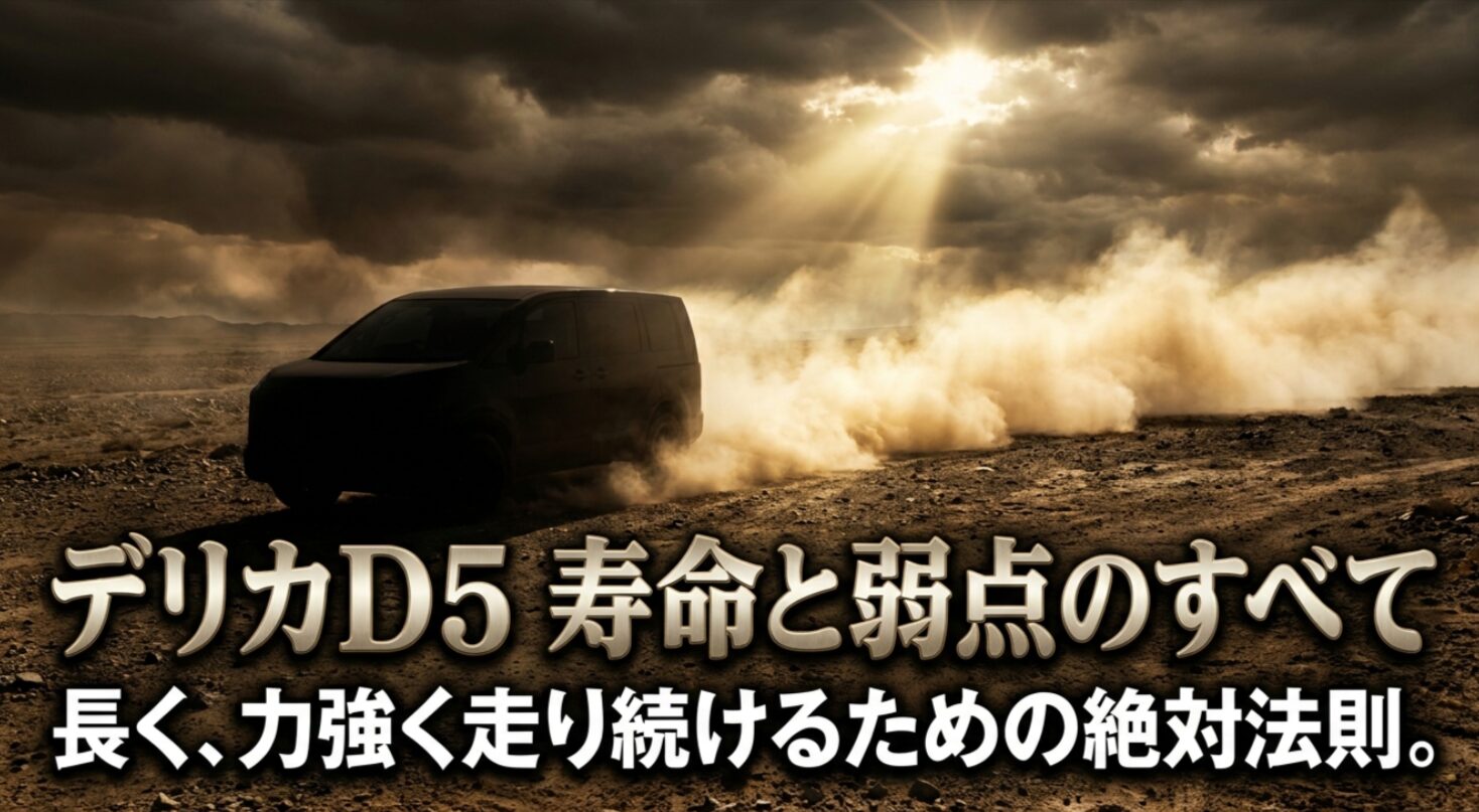 荒れた路面を走る車のシルエットと、デリカD5の寿命と弱点の全体テーマを示す表紙スライド