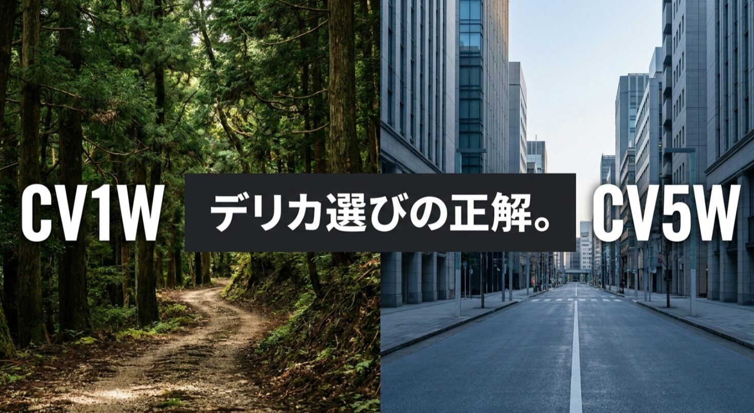 デリカD:5のCV1WとCV5Wを、自然道と街中の背景で対比した比較イメージ