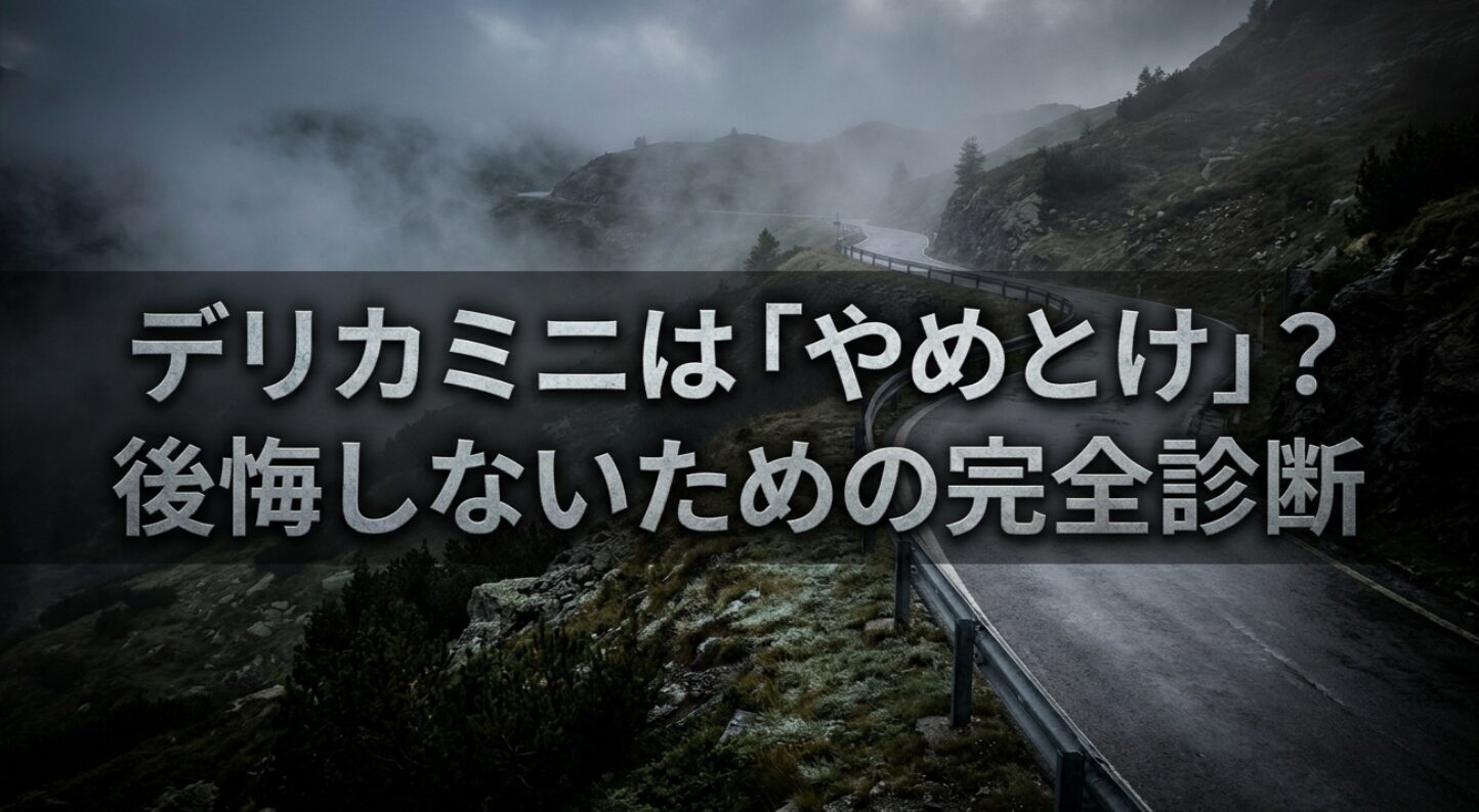 霧の山道を背景に、デリカミニはやめとけ？後悔しないための完全診断と大きく表示した導入用スライド