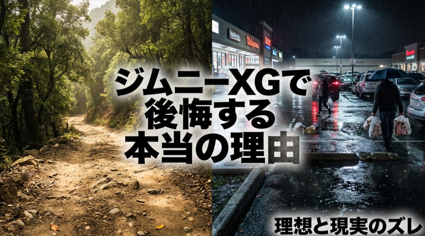 森の悪路と雨の駐車場を背景に、ジムニーXGで後悔する本当の理由と理想と現実のズレを示した導入スライド