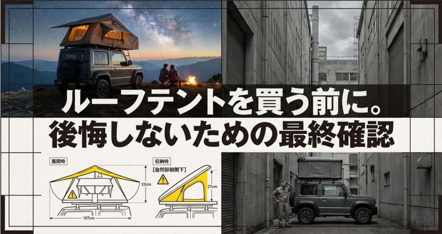 ジムニーにルーフテントを載せたイメージと、購入前に後悔しないための最終確認を示した表紙スライド