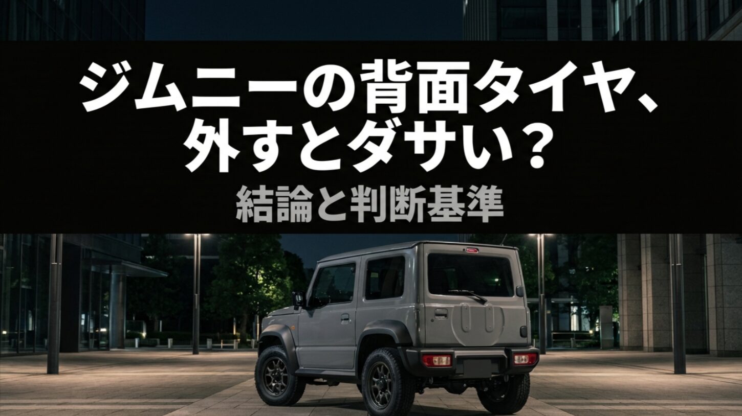 スペアタイヤを外したジムニーのリアビューと、背面タイヤを外すとダサいのかを問うタイトルスライド
