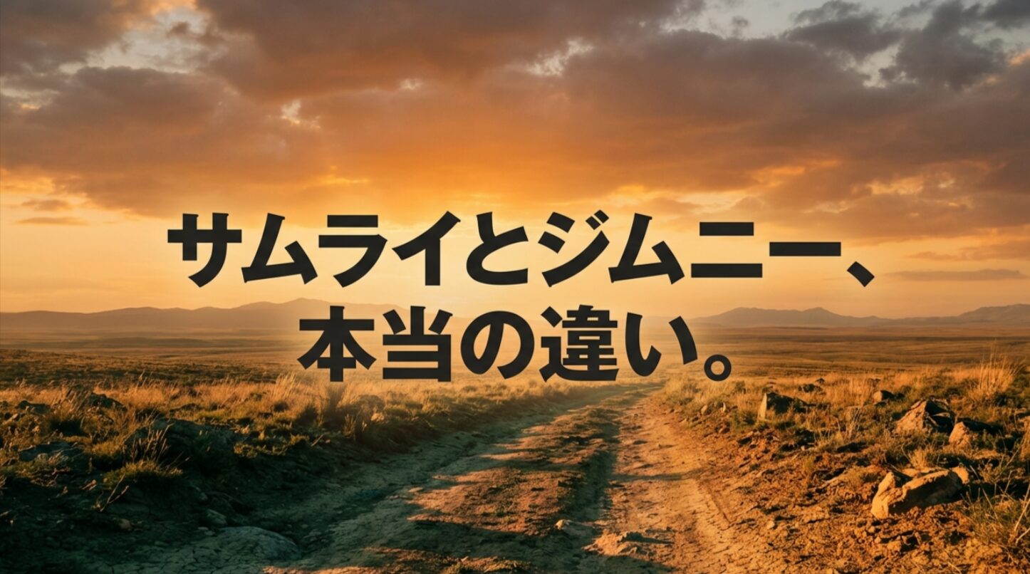 夕景のオフロード背景にサムライとジムニーの本当の違いと大きく表示した導入スライド