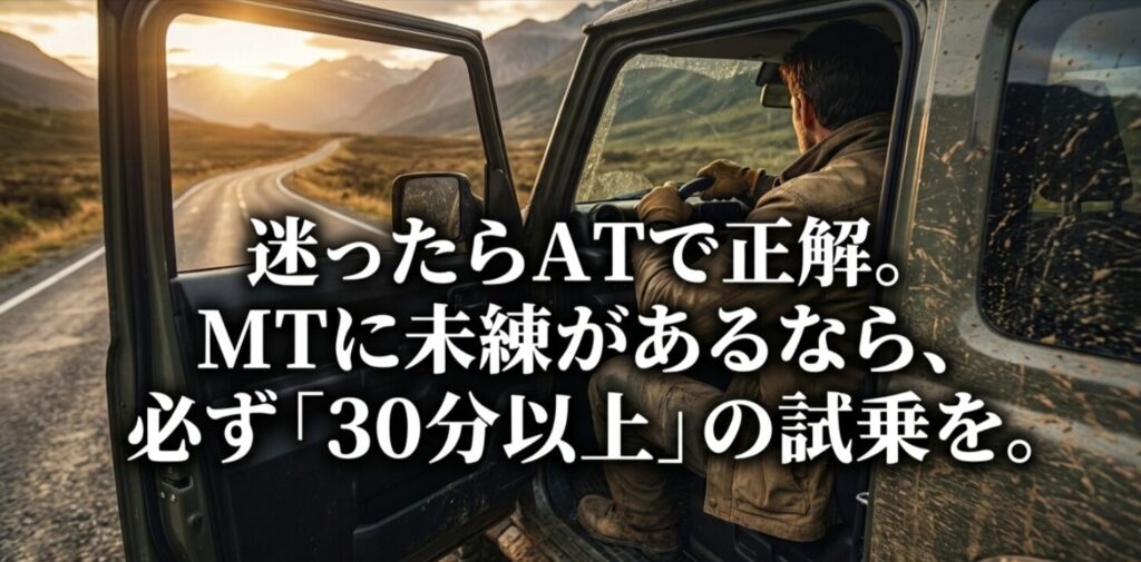 夕日の山岳道路でジムニーのドアを開けて座るドライバーの写真。迷ったらATで正解、MTに未練があるなら必ず30分以上の試乗を行うべきことを示すスライド