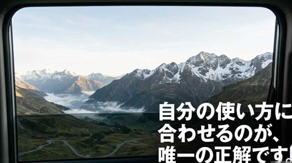 ジムニーの車窓から雪をまとった山岳と雲海が広がる雄大な景色を背景に、「自分の使い方に合わせるのが、唯一の正解です。」というメッセージが表示されたスライド