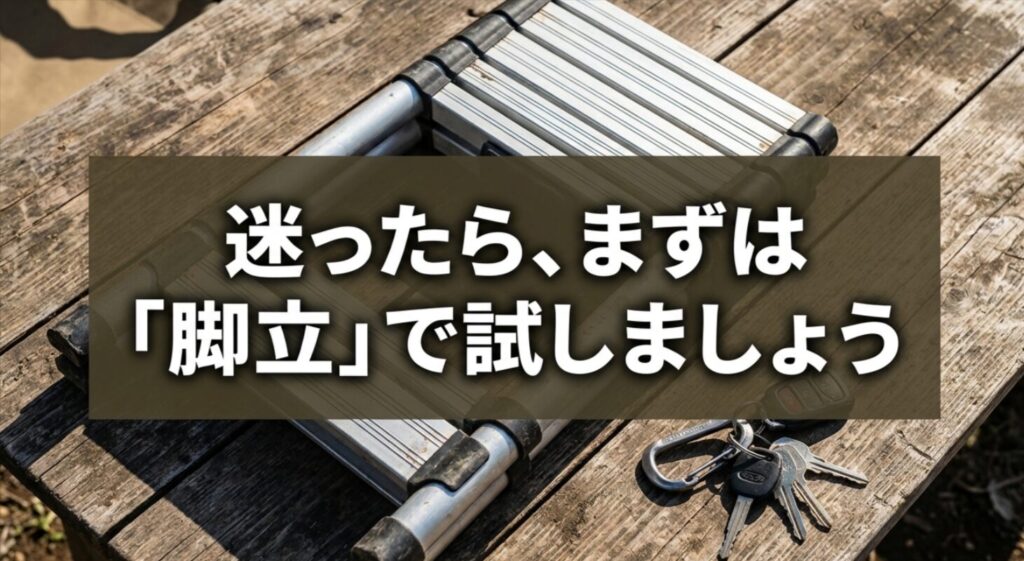 リアラダーに迷ったらまず脚立で代用を試すべきだと伝える結論スライド