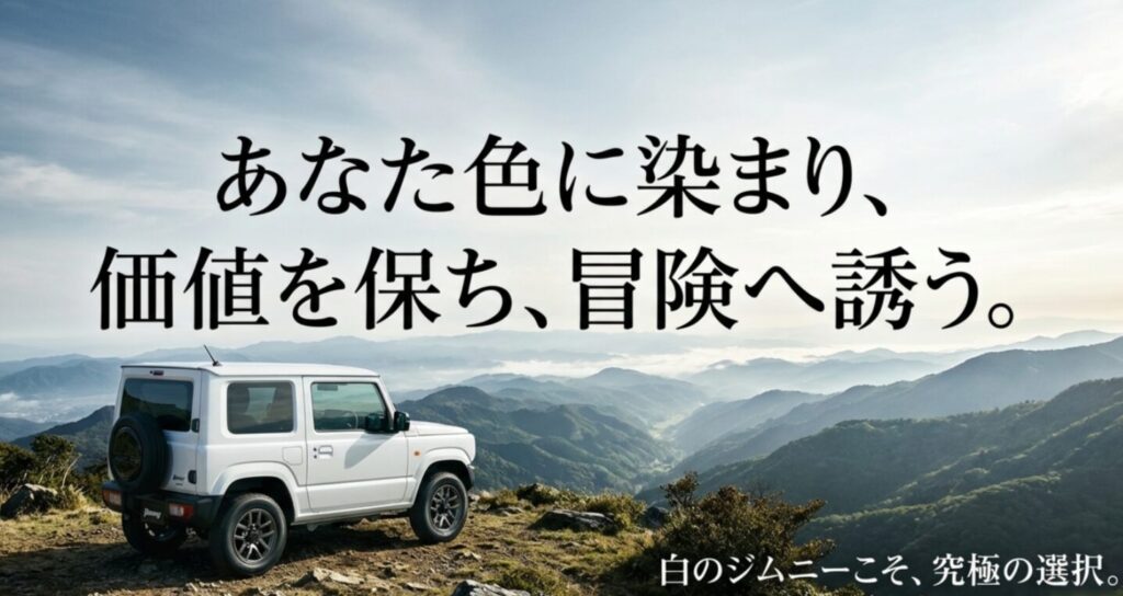 白いジムニーが自分らしいスタイルに染まりつつ、価値を保ちながら冒険心を高めてくれる存在であることを表現した締めのスライド