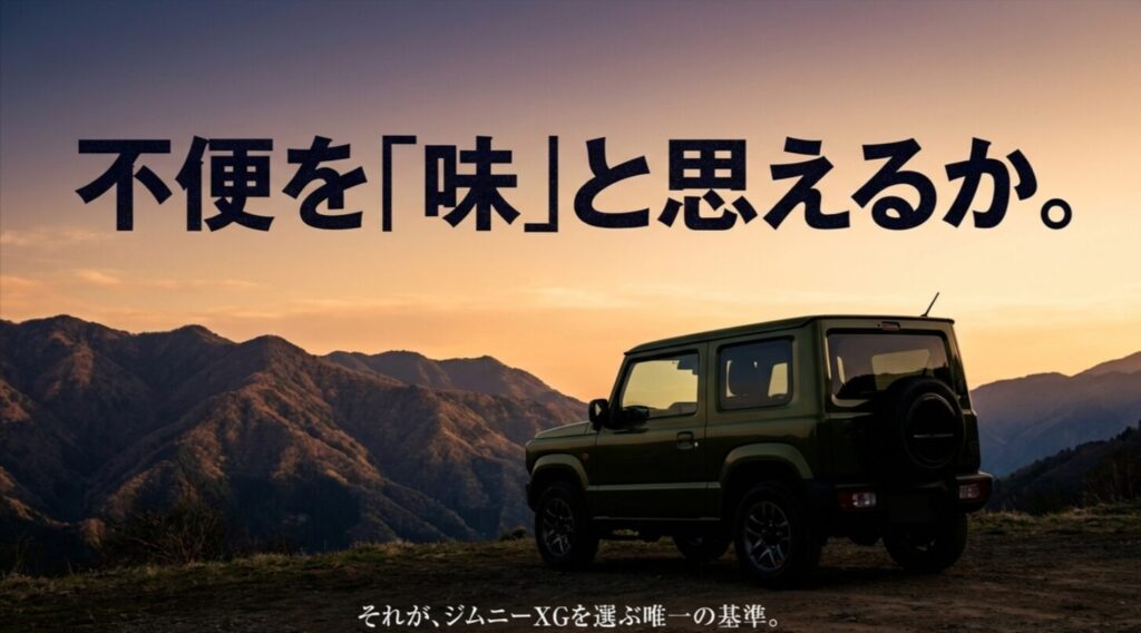 夕景の山道に停まるジムニーとともに、不便を味と思えるかがXG選びの基準だと示した締めのスライド