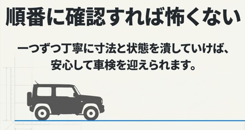 ジムニーのサイドステップは、寸法や状態を順番に確認すれば安心して車検を迎えやすいことを伝えるまとめスライド