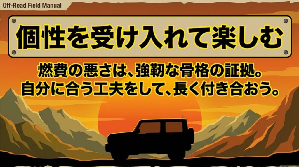 燃費の悪さもジムニーの個性として受け入れ、自分に合う工夫で長く楽しむ考え方を伝える締めのスライド