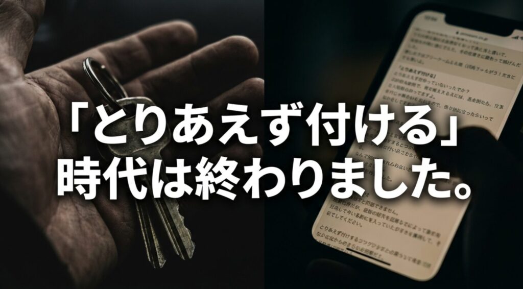 車のキーを持つ手とスマートフォンの画面を背景に、「とりあえず付ける時代は終わりました」というメッセージが大きく表示されたスライド
