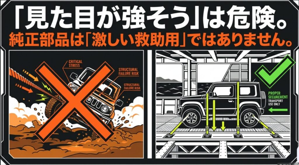 ジムニーの純正部品は激しい救助用ではなく、輸送固定と救助用途を分けて考える必要があることを示す比較スライド