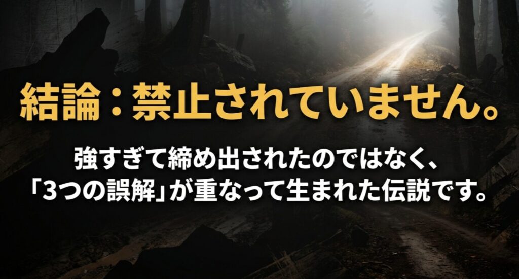 森道の背景に「結論: 禁止されていません。強すぎて締め出されたのではなく、3つの誤解が重なって生まれた伝説です。」と書かれた要点スライド