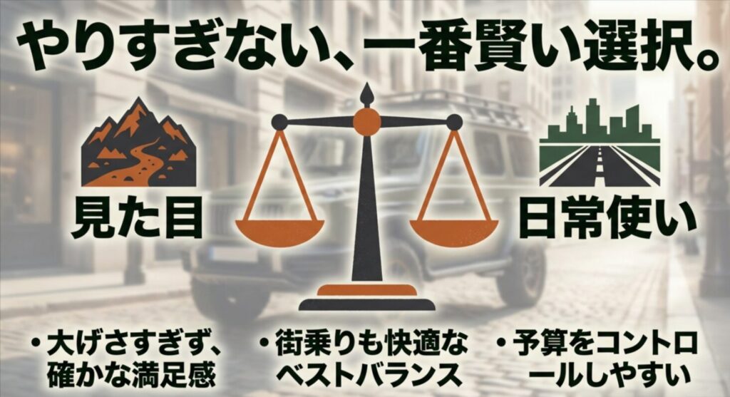 見た目と日常使いのバランスを天秤で表現し、1インチアップの利点をまとめたスライド