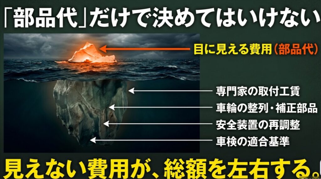 部品代のほかに取付工賃や補正部品、安全装置再調整、車検適合対応が必要になることを示すスライド