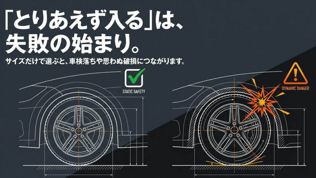 ジムニーの195R16装着で静止時は問題なく見えても走行時に干渉や不具合が出ることを示す図