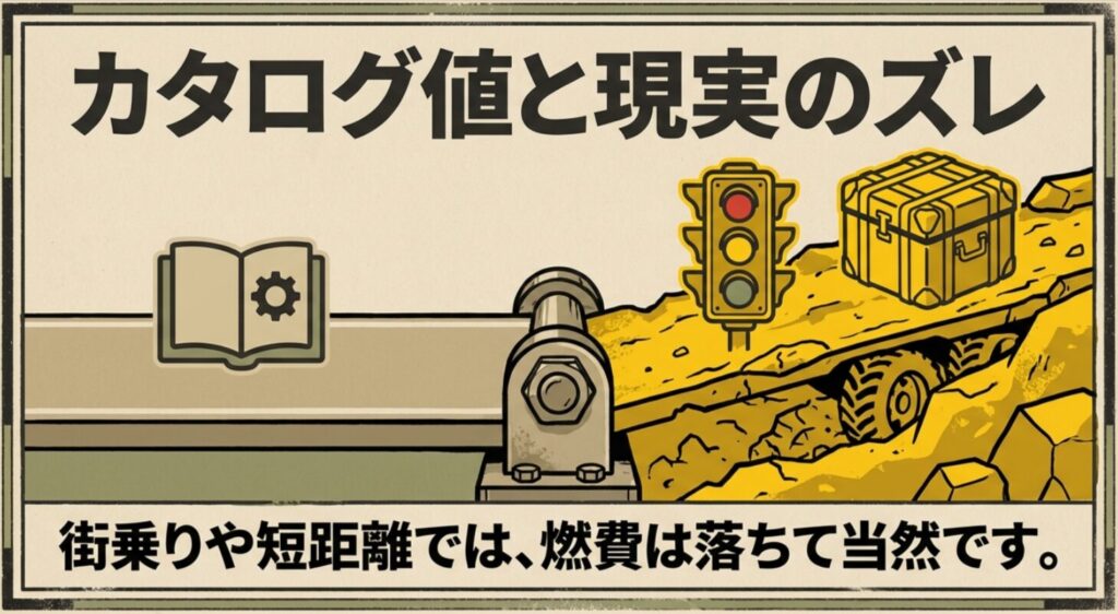 新型ジムニーは街乗りや短距離走行でカタログ燃費より実燃費が落ちやすいことを示したスライド