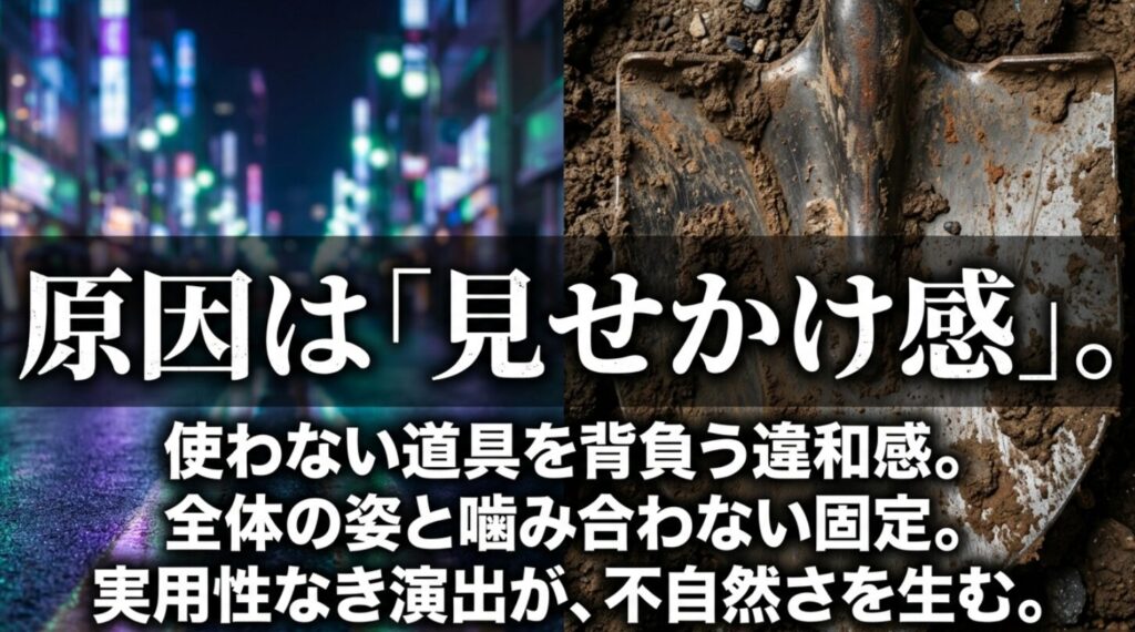 夜の街並みと泥付きスコップを背景に、背面スコップがダサく見える原因は見せかけ感にあると示したスライド