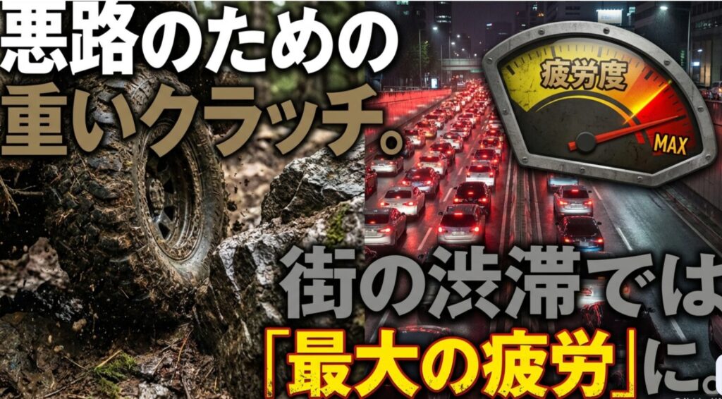 悪路走行向けに設計されたジムニーMTの重いクラッチが、都市部の渋滞では疲労度MAXになることを示す比較画像