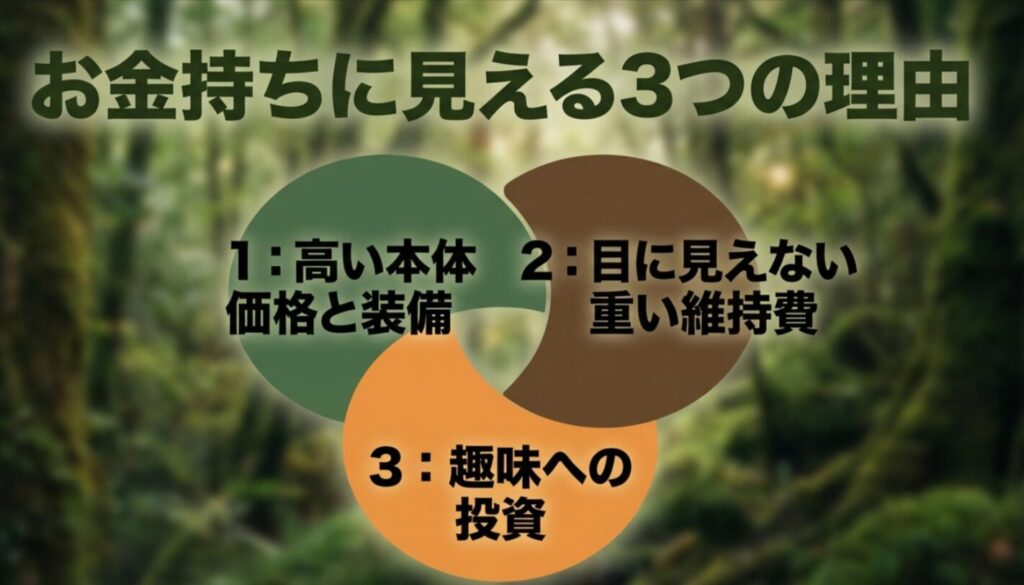 デリカがお金持ちに見える理由を、本体価格、維持費、趣味への投資の3点で整理したスライド